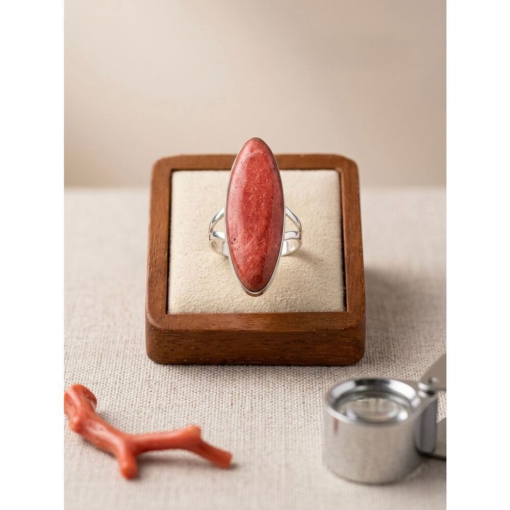 Southwestern Sterling Silver Red Coral Ring – Natural Oval Gemstone Statement 9